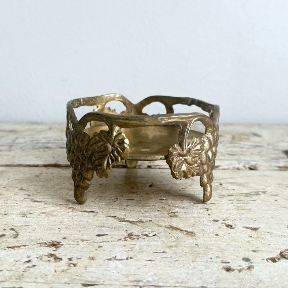 Vintage Brass Grape Vine Bottle Coaster Pillar Candle Holder Footed 4"